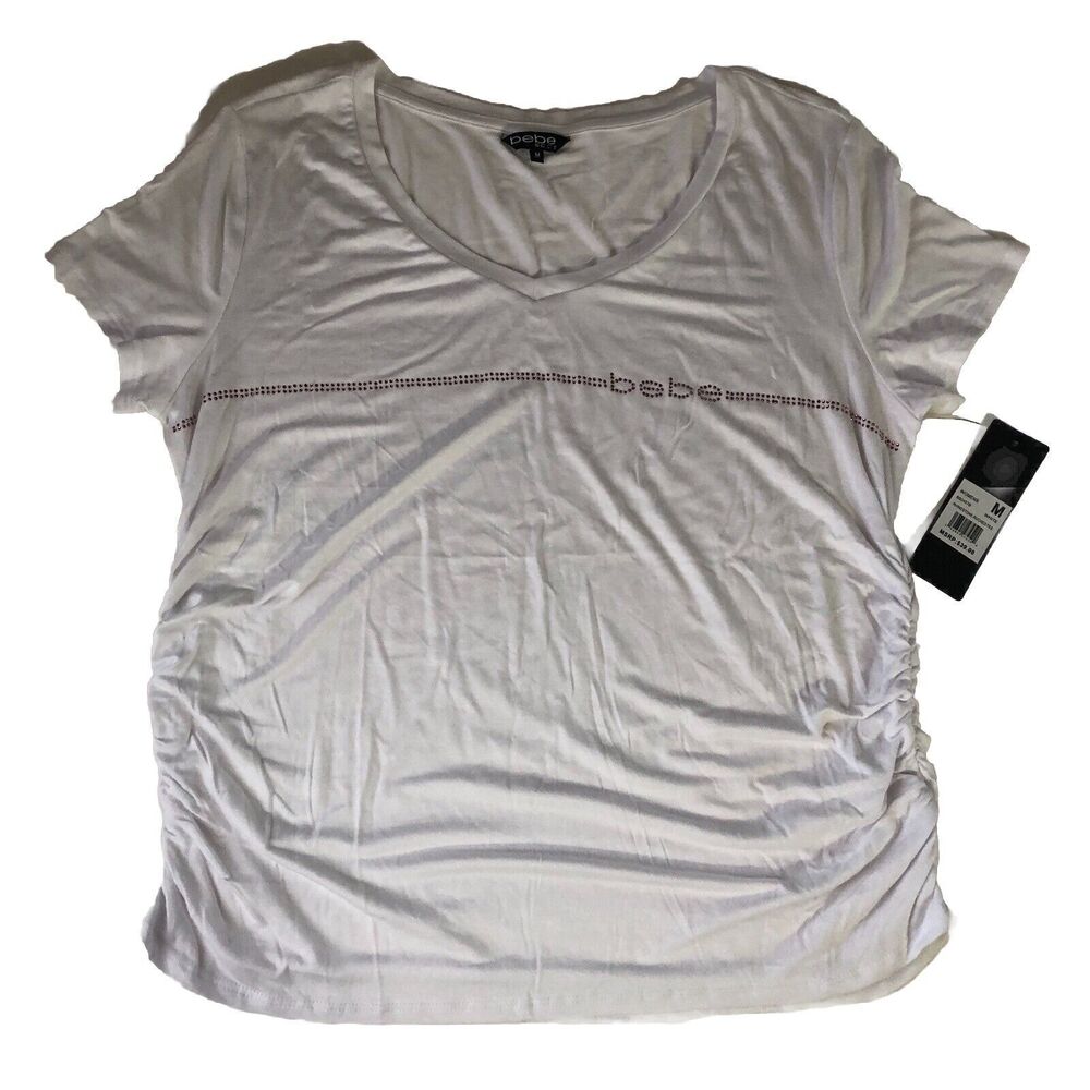 Bebe Sport White With Pink Rhinestones Ruched Tee  Size Medium NWT
